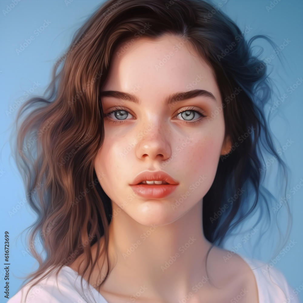 Art oil Portrait of a beautiful young woman with blue eyes and long hair. Painted Portrait of a beautiful girl with long hair on a blue background Art oil Portrait of a beautiful young woman with blue eyes and long hair. Painted Portrait of a beautiful girl with long hair on a blue background