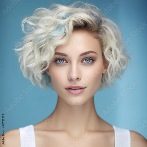 Portrait of beautiful young woman with blue eyes and blond curly hair. Beautiful blue-eyed, blonde woman. Attractive girl with short hairstyle looking to the camera. Beauty, Skin care concept.