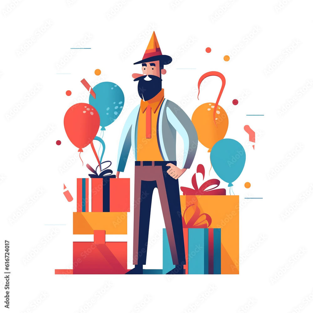 A person with a happy facial expression after receiving a birthday present. The gift is packed in a box. Cartoon style illustration. A person with a happy facial expression after receiving a birthday present. The gift is packed in a box. Cartoon style illustration.