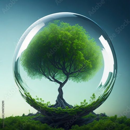 Environment protection concept. Tree in a bubble. AI generated