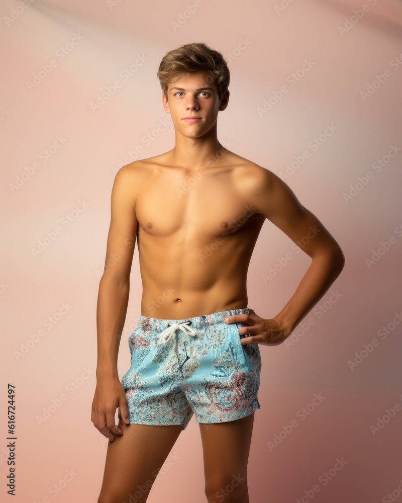 Fototapeta premium Portrait of a fictional young person in swim short, isolated on plain background. Generative AI illustration.
