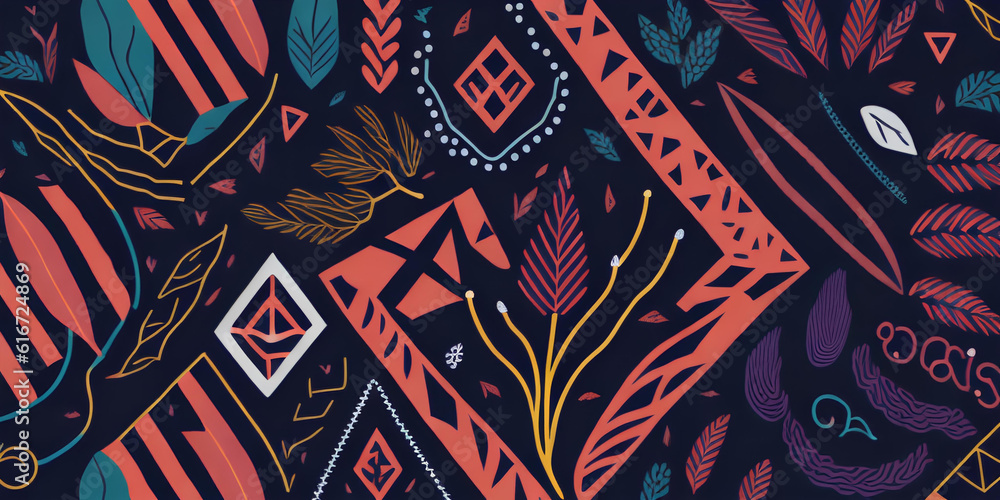 Boho-style background, abstract shapes and patterns on a dark backdrop, creative illustration with ornaments, decorative poster design, banner cover. Ai generation