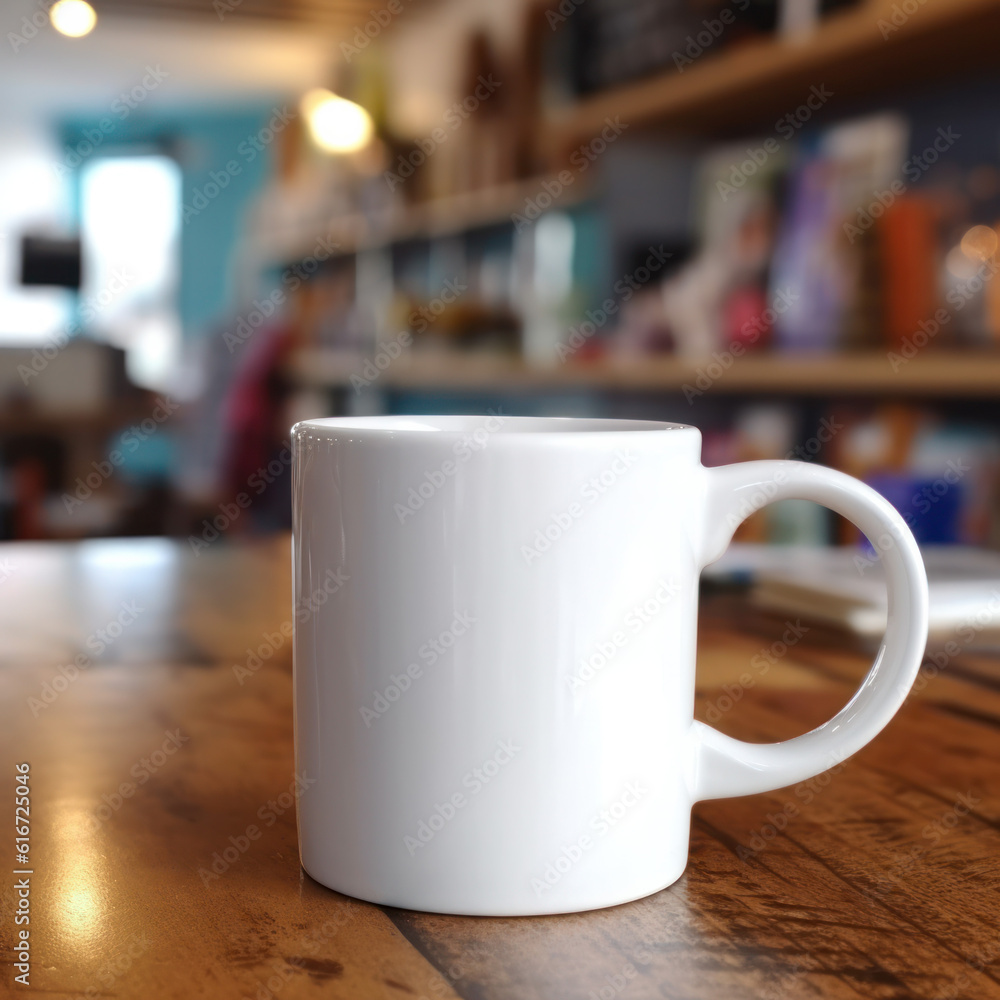 plain white mug mockup with a table. Generative AI. plain white mug mockup with a table. Generative AI.