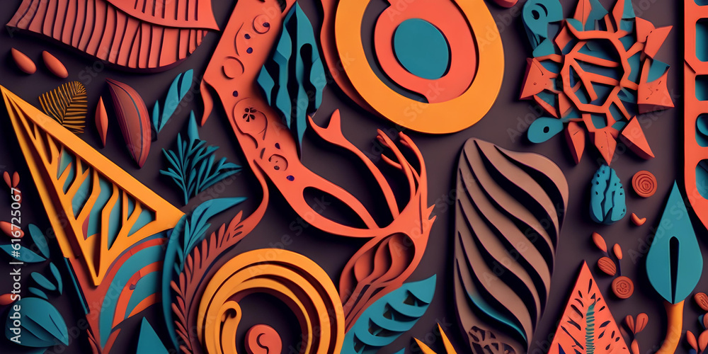 Boho-style background, abstract shapes and patterns on a blue backdrop in the style of paper cut, creative illustration with ornament, decorative poster design, banner cover. Ai generation Boho-style background, abstract shapes and patterns on a blue backdrop in the style of paper cut, creative illustration with ornament, decorative poster design, banner cover. Ai generation
