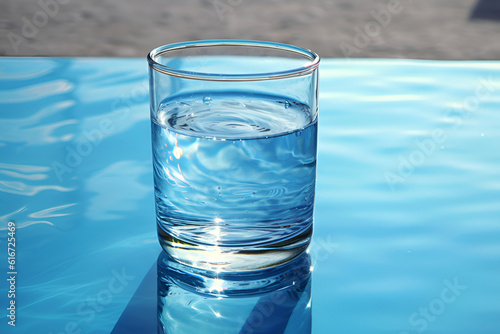 Glass of drinking water isolated on blue background