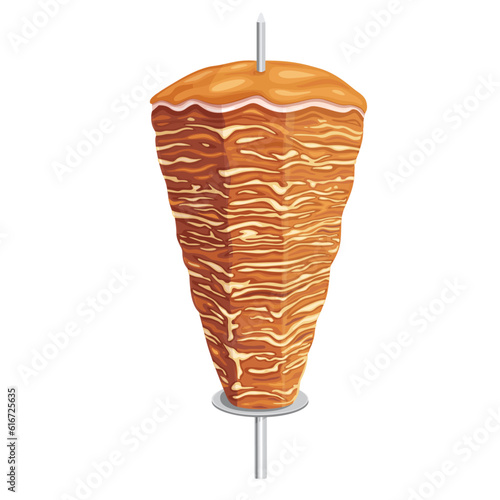 Doner kebab. Shawarma consisting of meat cut into thin slices, stacked in a cone-like shape, and roasted on a slowly-turning vertical rotisserie or spit. on white background. Vector illustration.