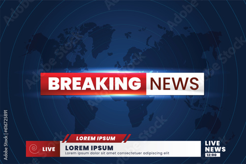 Breaking news template with 3d red and white badge, Breaking news text on dark blue with earth and world map background, TV News show Broadcast template widescreen vector illustration