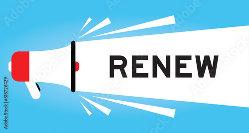 Color megaphone icon with word renew in white banner on blue background