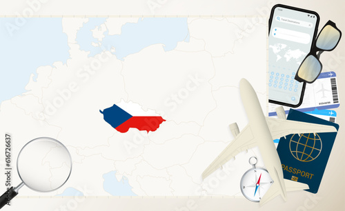 Czech Republic map and flag, cargo plane on the detailed map of Czech Republic with flag. photo