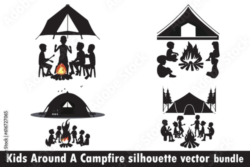 Children Around a Campfire Silhouette vector bundle, Campfire vector bundle, Kids silhouette vector pack, Campfire silhouette bundle, Children around campfire bundle, Kids camping vector.