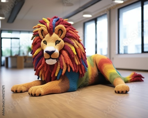 Crochet Lion Indoors, Giant Art Installation Project, Crocheted or Knitted Giant Life-Size Animal, Photorealistic AI-Generated Illustration photo