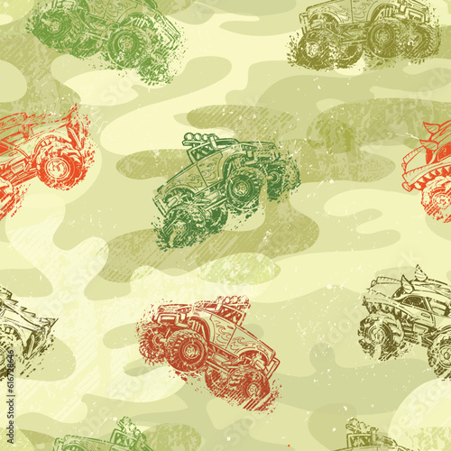 Off road truck seamless pattern on repeat grey camouflage background. Shabby textured Grunge repeated wall and big car. Monster vehicle poster