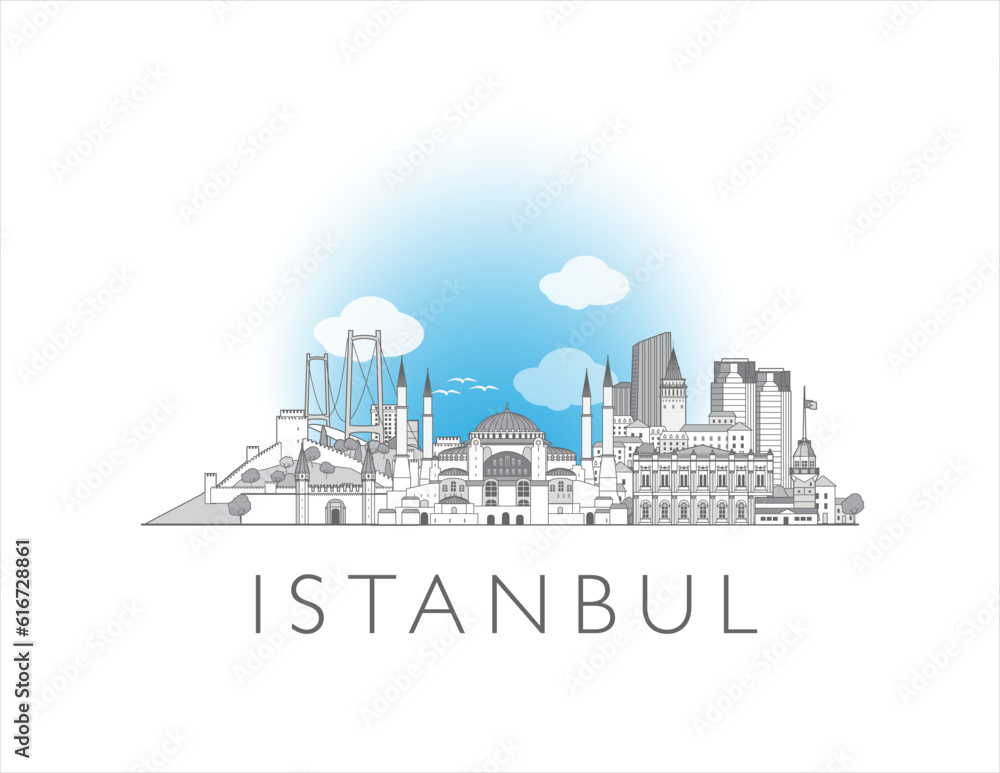 Istanbul, Turkey cityscape line art style vector illustration