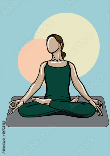 Yoga illustration. line art, ink graphic. colored spots and blue background. Easy Pose basics. Sukhasana