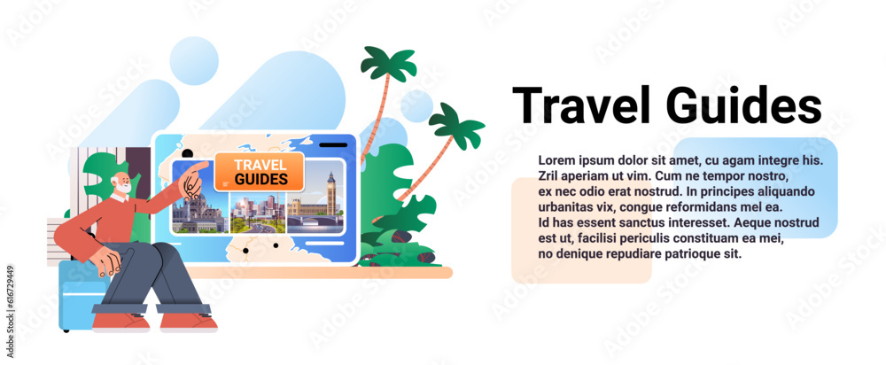 senior man traveler planning next travel destination on digital guide screen with landmarks travelling concept senior man traveler planning next travel destination on digital guide screen with landmarks travelling concept