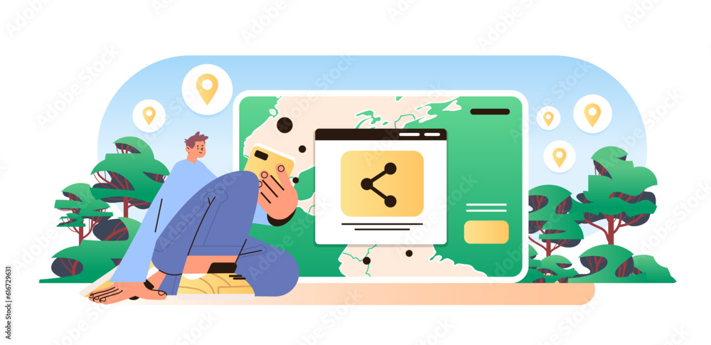 man tourist share travel plans or itinerary with others concept of app for sharing real time location travelling man tourist share travel plans or itinerary with others concept of app for sharing real time location travelling