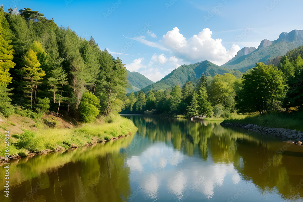 Beautiful nature landscape wallpaper with reflection on river ai generated 