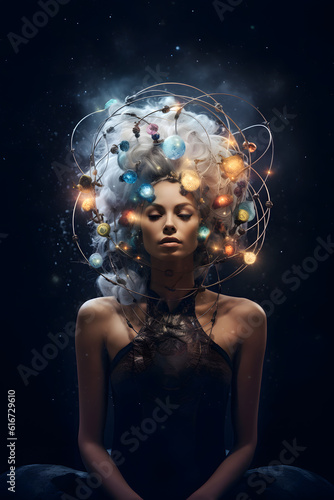 Beautiful mysterious woman sitting in meditation pose, Her head is decorated with ornaments resembling galaxy, glowing planets and stars. Generative ai.