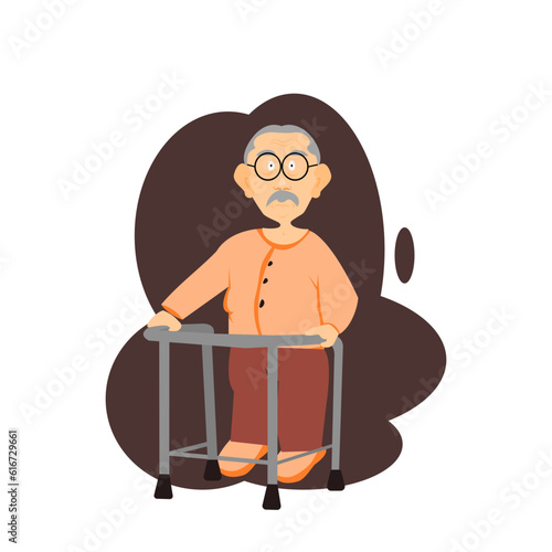 Front view of elderly man wearing glasses is standing on walker on black background.Old man standing by walking aids.Cartoon Seniors illustration flat design characters concept for Healthcare.