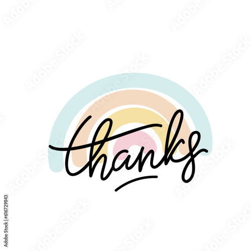 Vector lettering thanks on rainbow arcs background. Modern calligraphy composition. Design for web, prints, banners and stickers.