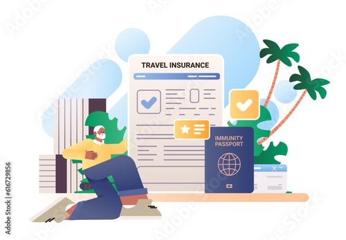 man traveler getting document for leaving country vacation trip offer access travel insurance options journey tourism concept