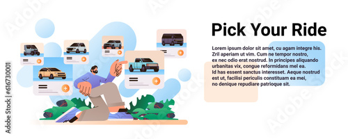 man tourist choosing vehicle pick your ride travel tourism start adventure concept horizontal