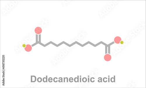 Simplified formula icon of dodecanedioic acid. Use in polymer production.