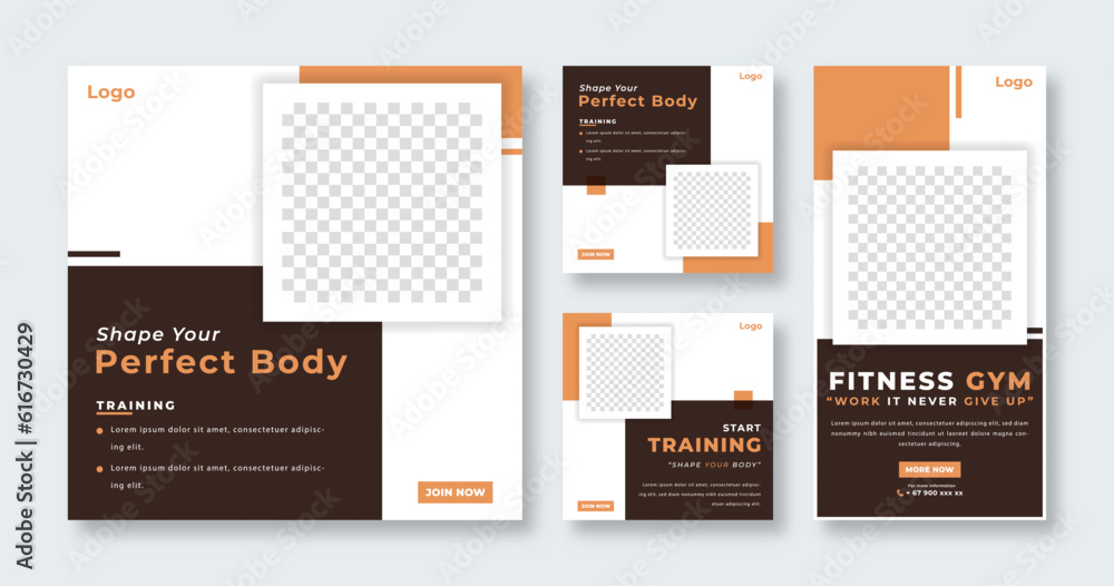 Gym Fitness Social Media Post for Online Marketing Promotion Banner, Story and Web Internet Ads Flyer