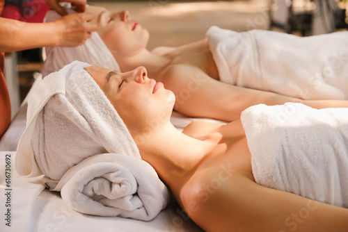 caucasian white woman relaxing in spa massage