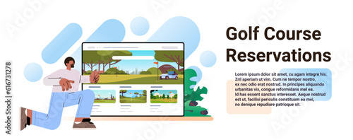 man choosing golf courses on computer monitor golf lessons reserved for private session concept