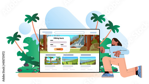 young woman exploring nature online on computer monitor relax outdoor enjoy scenic nature views freedom concept horizontal vector illustration
