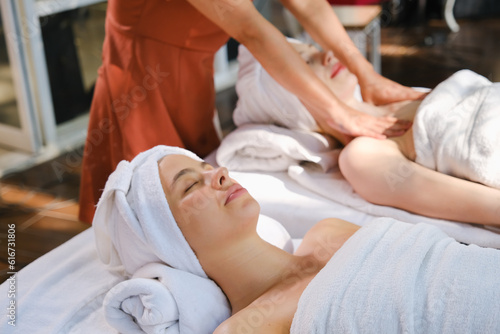 caucasian white woman relaxing in spa massage
