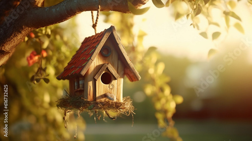 Fotografia Bird house hanging from a tree branch. Generative Ai