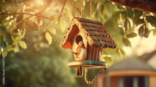 Bird house hanging from a tree branch. Generative Ai