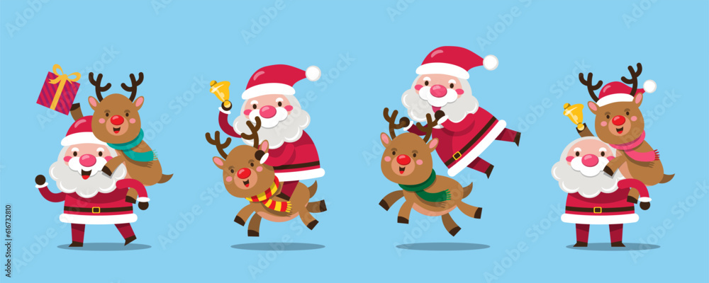 Santa Claus characters in various poses and scenes with reindeer.