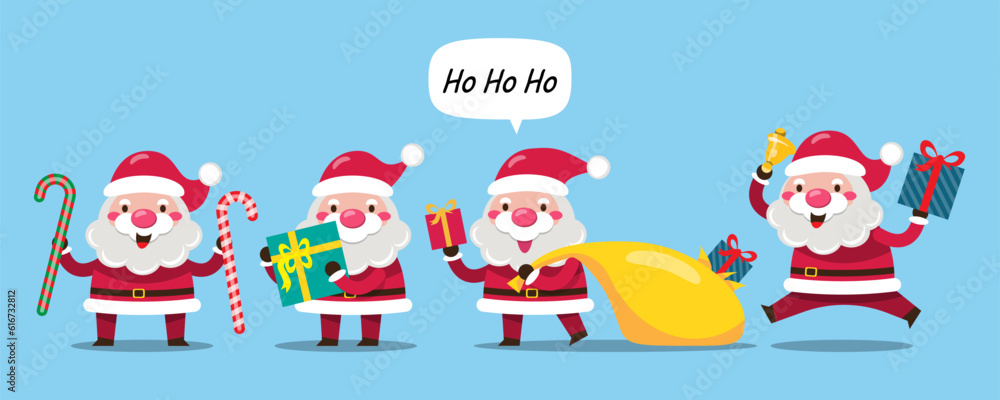 Fototapeta premium Santa Claus characters in various poses and scenes. Merry Christmas cutout element