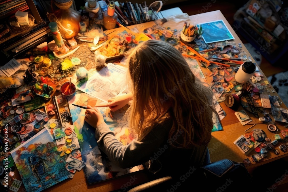 A high angle shot of a young girl sitting at her desk, completely absorbed in a world of colorful hand - drawn figures and imaginative stories. Generative AI