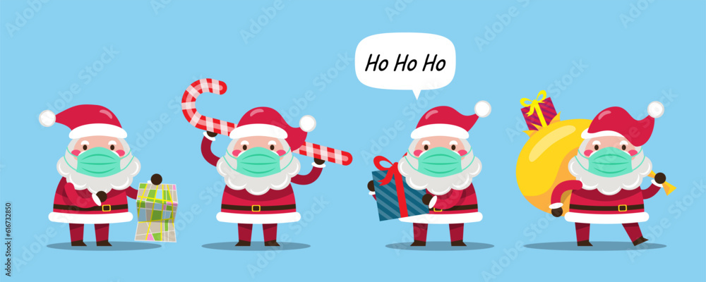 Santa Claus with face mask in different activity design element for invitation