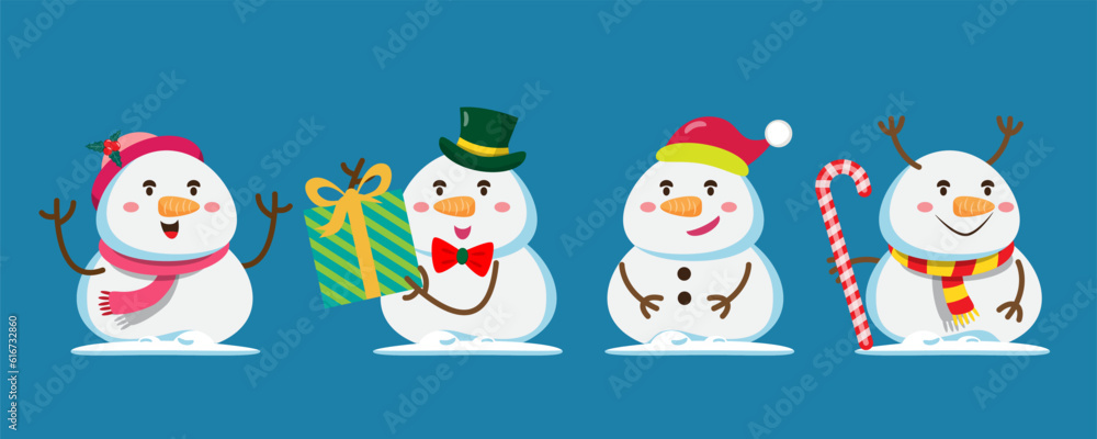 snowman in different activity design element for invitation card, party, New Year's, Christmas, parties.