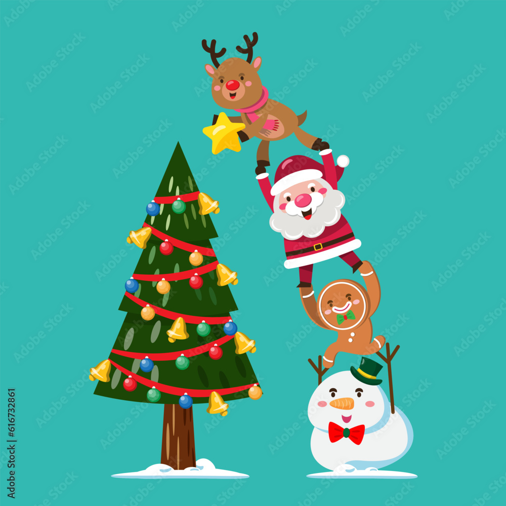 Winter Christmas tree with santa claus and team decorating Christmas tree on snow. Winter Christmas tree with santa claus and team decorating Christmas tree on snow.