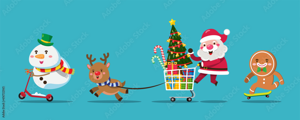 Santa Claus push shopping cart shopping gift in store for sending to people around the world.