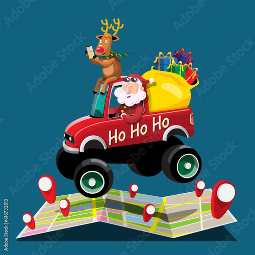 Delivery santa claus driving car with reindeer by smartphone GPS location for sending gift to people around the world.