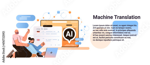 people using machine translation application with ai helper bot international communication artificial intelligence tech