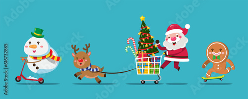Santa Claus push shopping cart shopping gift in store for sending to people around the world.