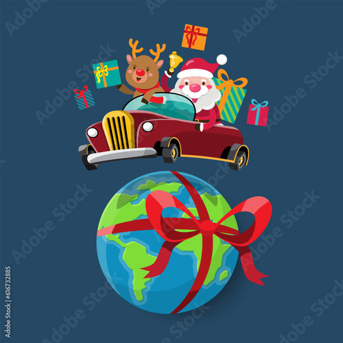 Santa Claus and reindeer drives a automobile to send Christmas gift to children around the world.