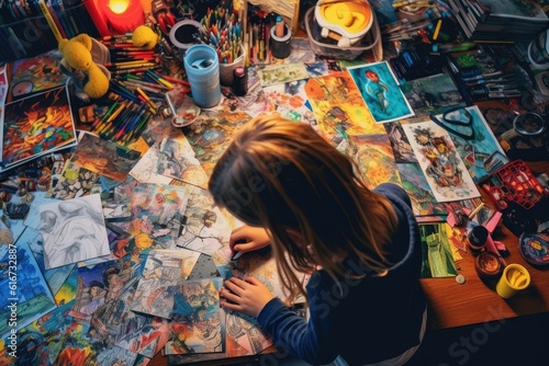 A high angle shot of a young girl sitting at her desk, completely absorbed in a world of colorful hand - drawn figures and imaginative stories. Generative AI