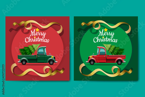Merry Christmas Vector illustration Retro pickup truck Vintage style with christmas tree.