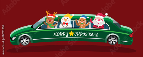 Santa Claus and reindeer team drive Limousine car to send Christmas gift to children around the world.