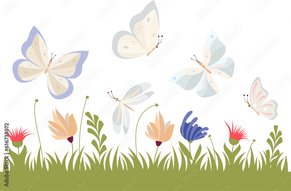 Butterflies fly in the meadow over the grass and flowers.