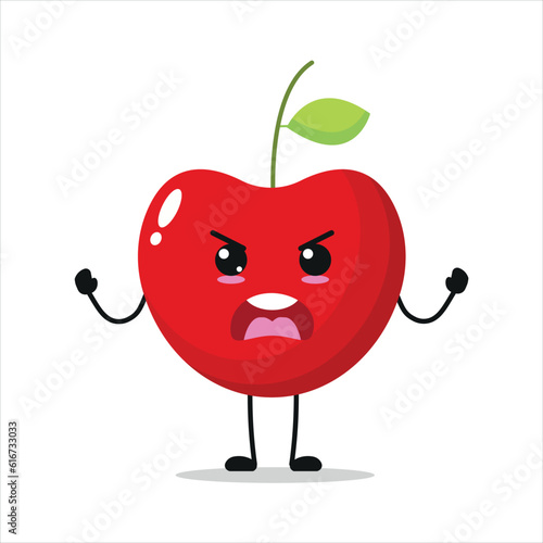 Cute angry cherry character. Funny furious cherry cartoon emoticon in flat style. Fruit emoji vector illustration